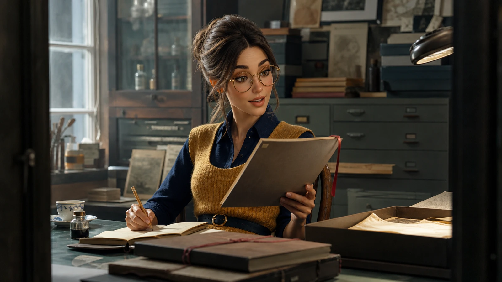 Margo raises one eyebrow while comparing a case folder with her notes in an archive room.