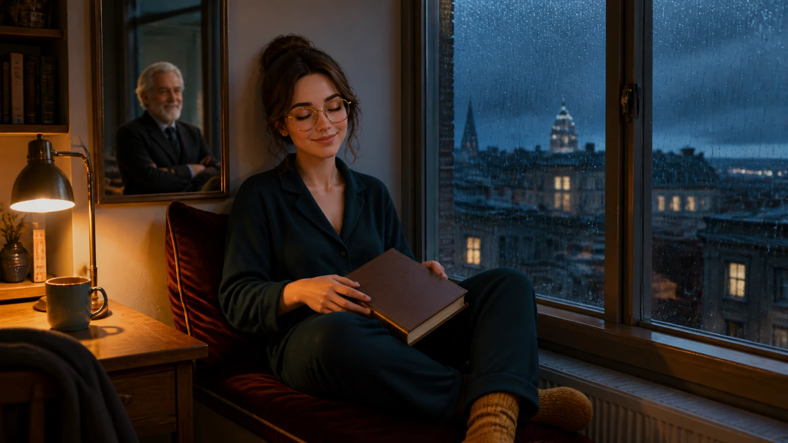 Margo closes a casebook on her lap, eyes closed in a relieved smile beside a rainy window.