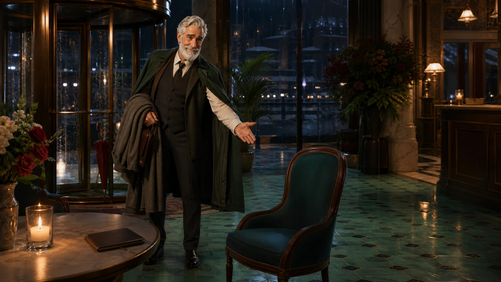 Robert welcomes a visitor to an empty chair in a rainy seaside hotel lobby.
