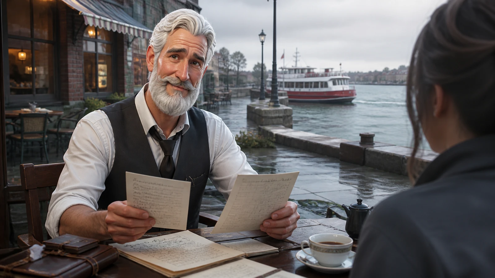 Robert discusses two handwritten case files with a companion at a canalside cafe.