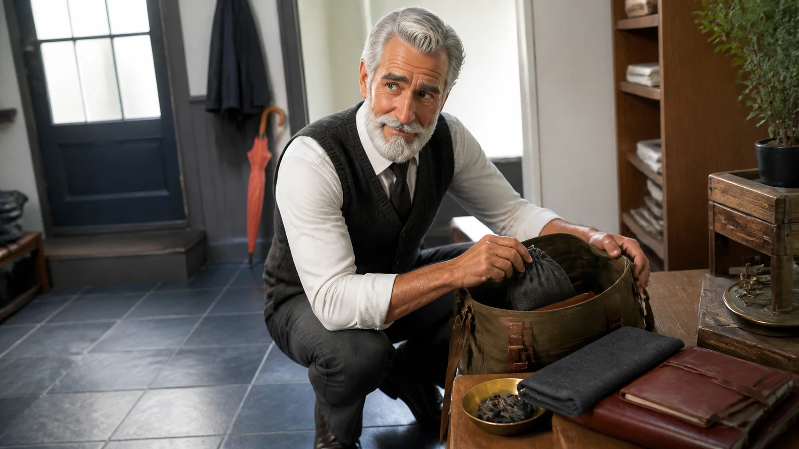 Robert places a small drawstring pouch inside a messenger bag beside a travel bench.