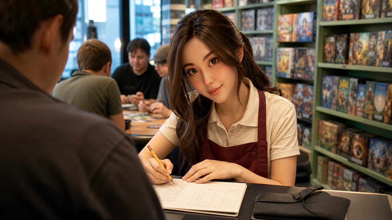 Yumi helps an adult newcomer review a planning sheet at a game-store counter.