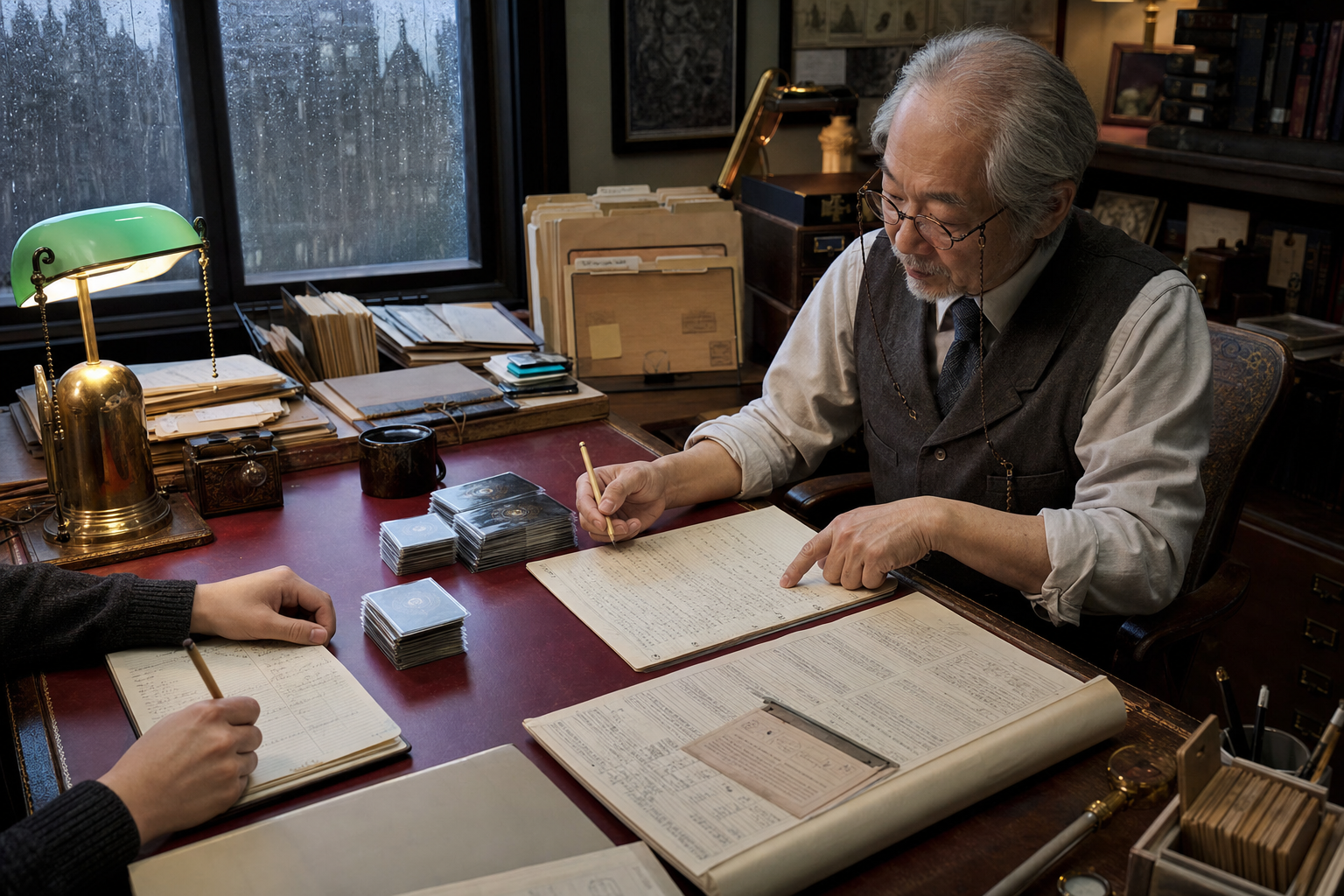 Kenji, The Sensei — patient rules mentor validating a deck at a rain-dark archive desk