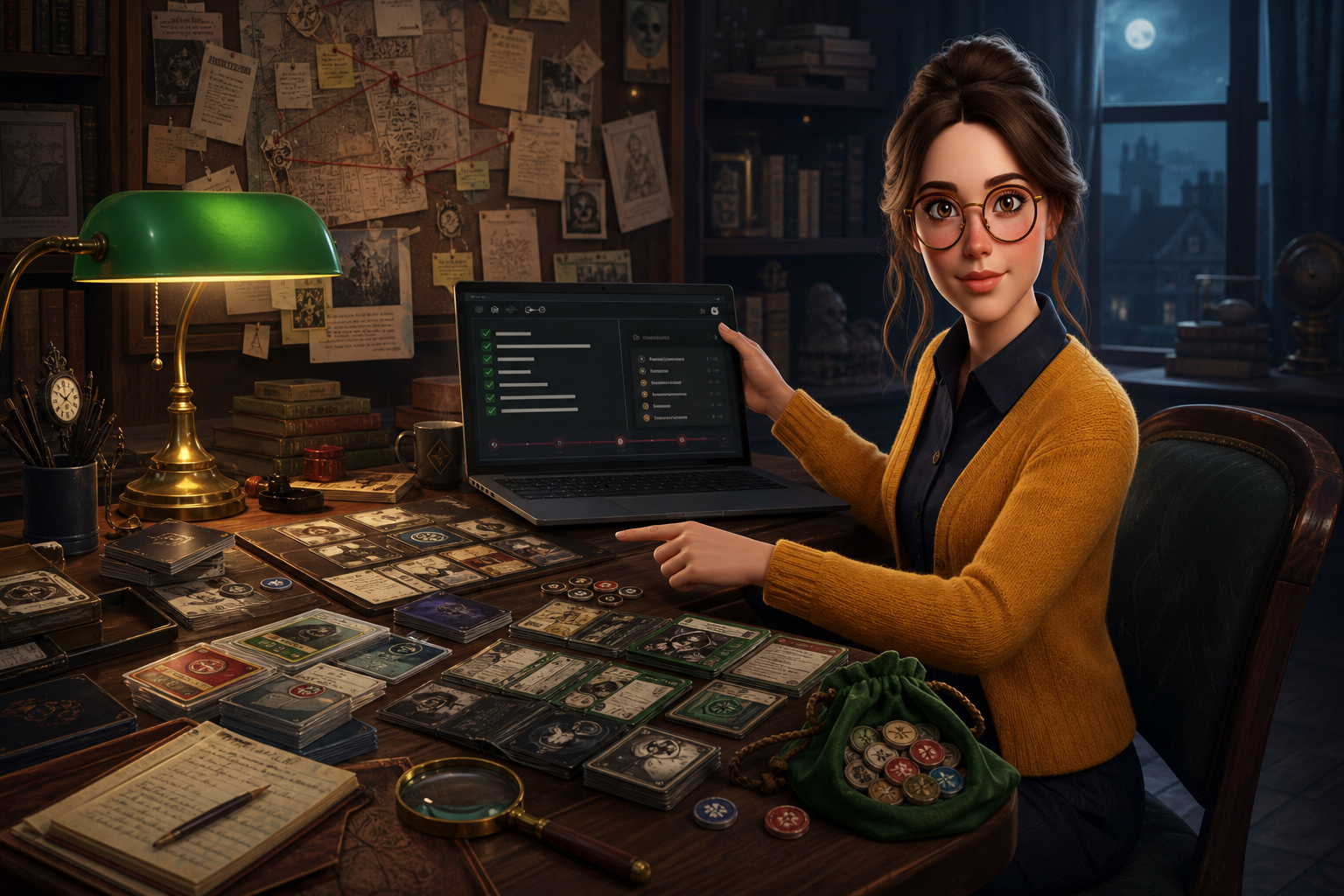 Margo, The Archivist — warm pulp archivist at a card catalog