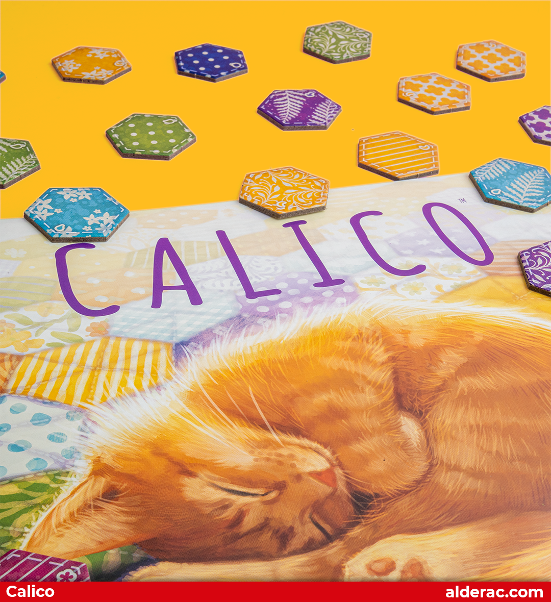 Calico's hexagonal quilt patches in bright patterns and colors, waiting to be sewn into a cohesive design.