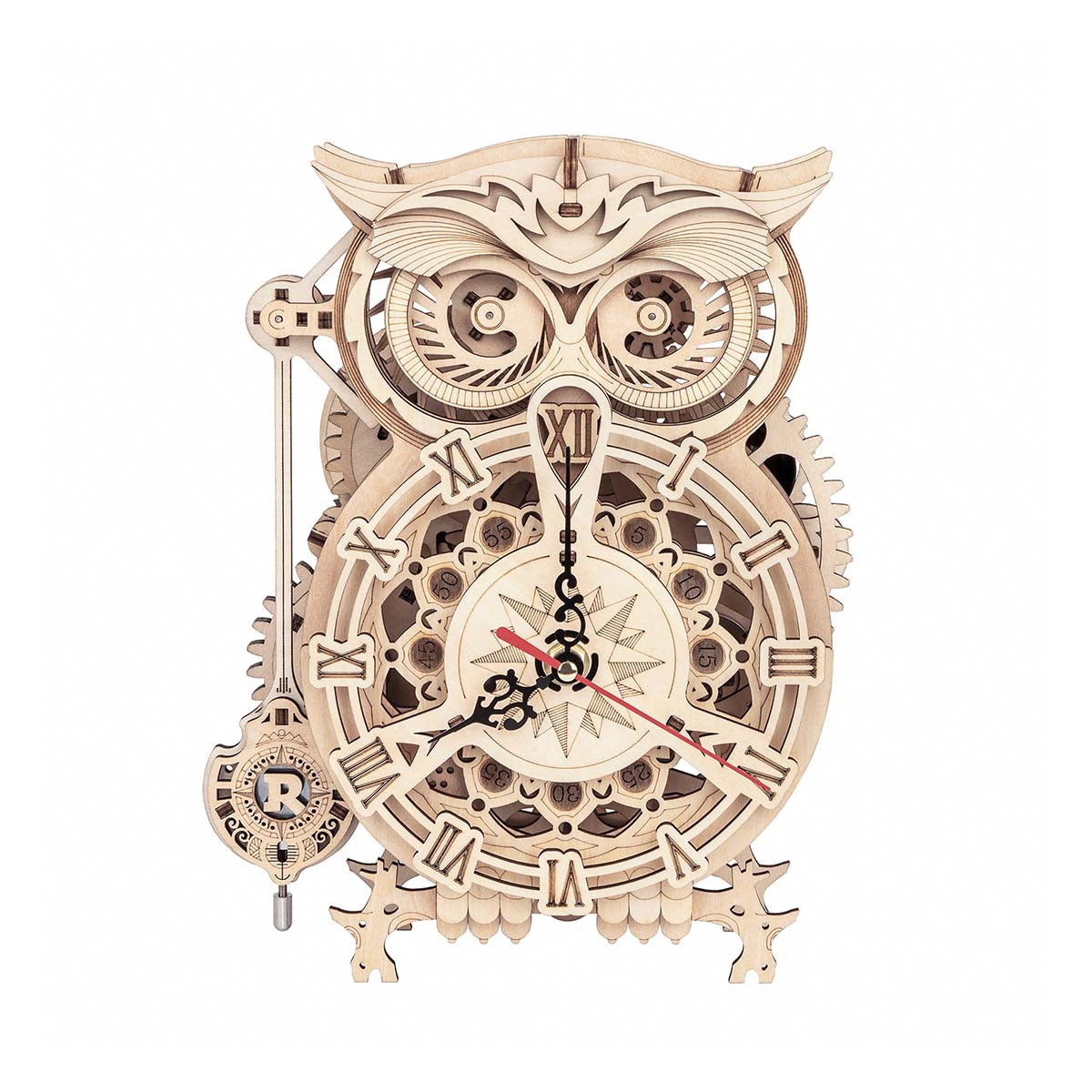 ROKR Owl Clock (LK503) assembled owl-shaped wooden gear clock with Roman-numeral dial and pendulum