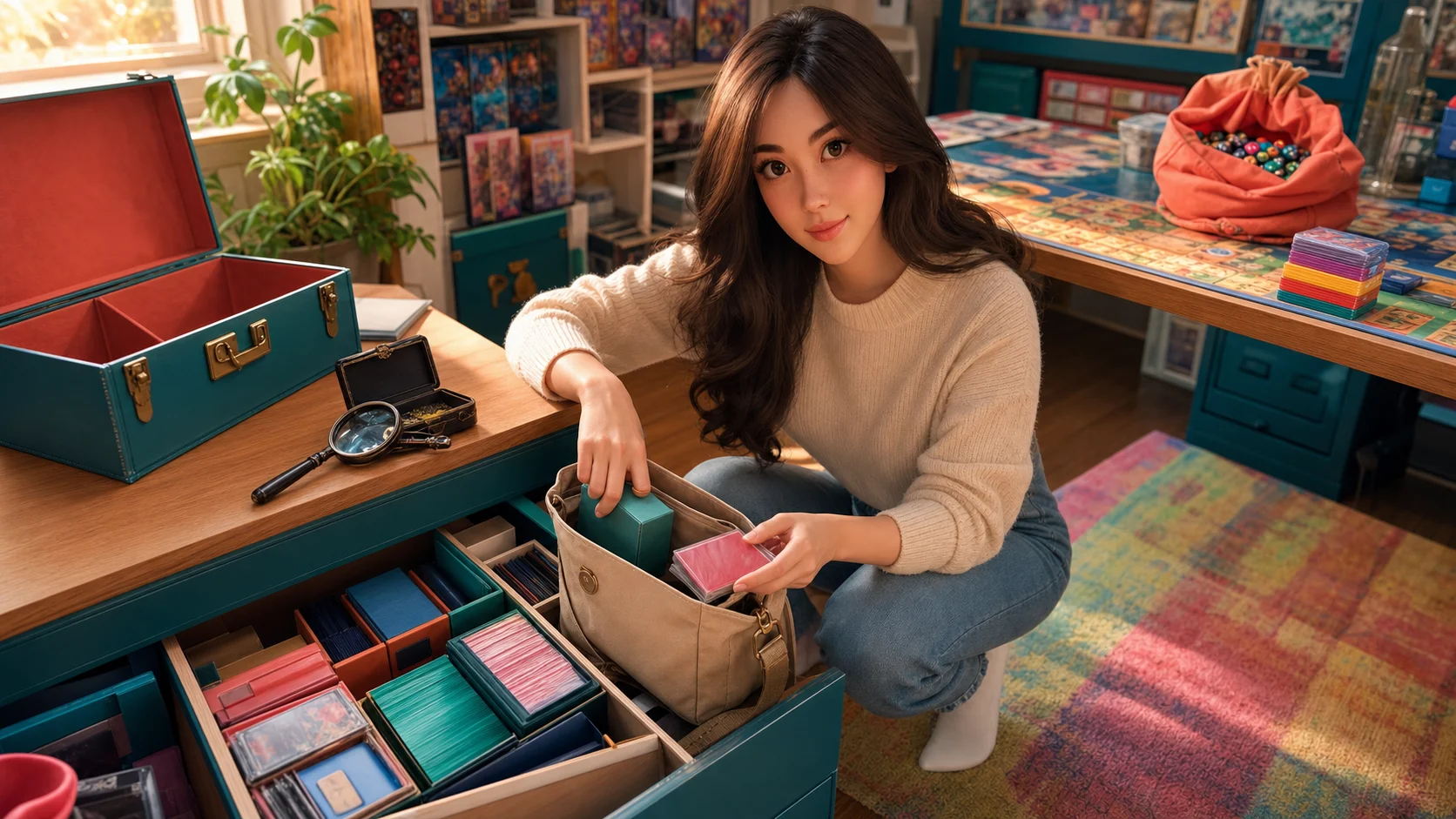 Yumi, The Hostess — playful collector card, compact loadout, confident first night