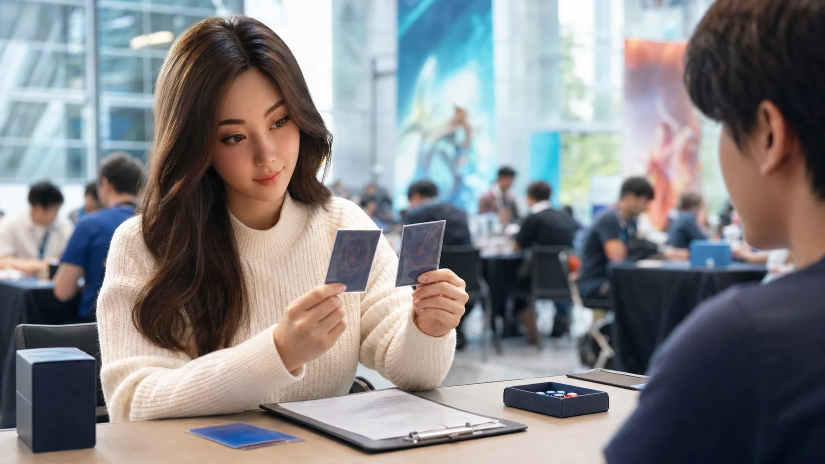 Yumi, The Hostess — bright tournament registration desk, hands-on sleeve inspection, calm event preparation