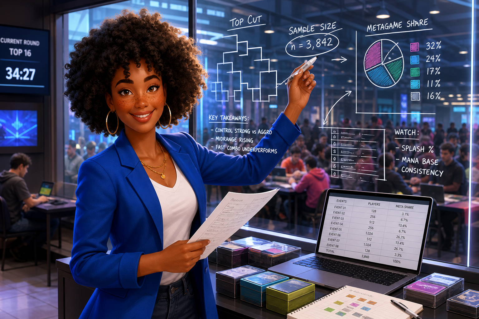Imani, The Connector — confident tournament analyst at a bright data wall