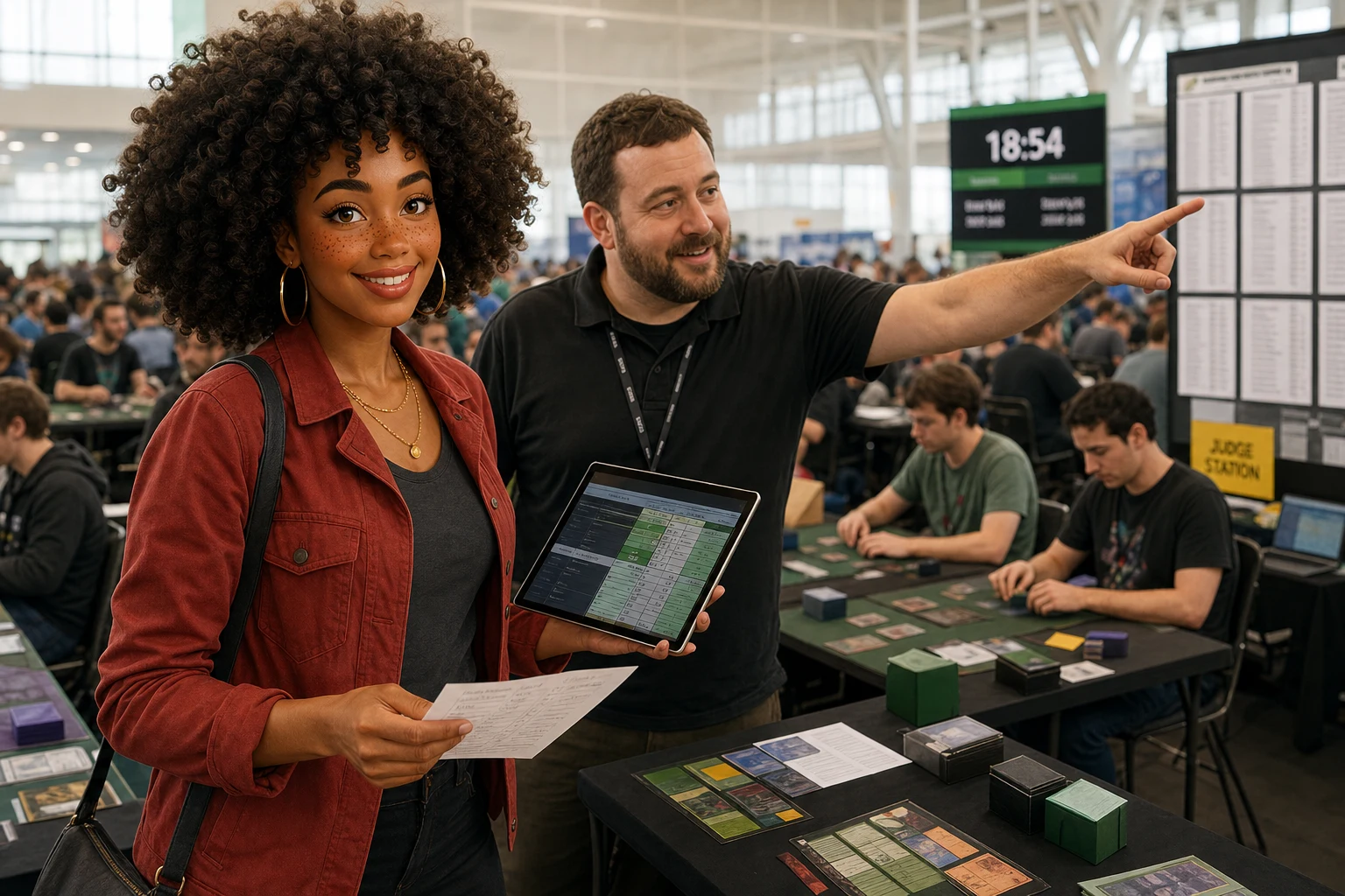 Imani, The Connector — decisive tournament analyst in a bright spaceport hall