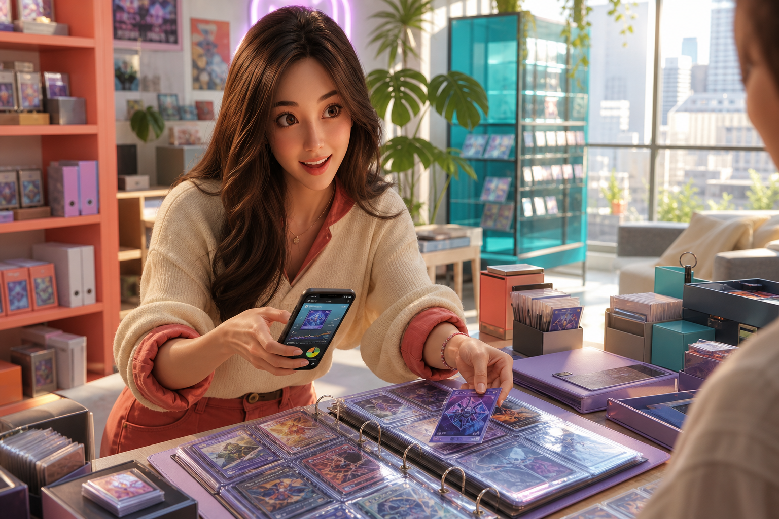 Yumi, The Hostess — mischievous collection curator with an illuminated catalog