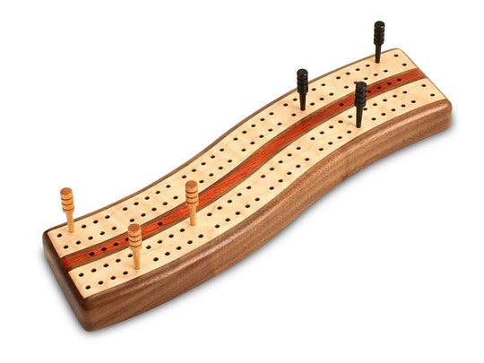 Solid-walnut S-curve cribbage board with maple tracks and bloodwood inlay