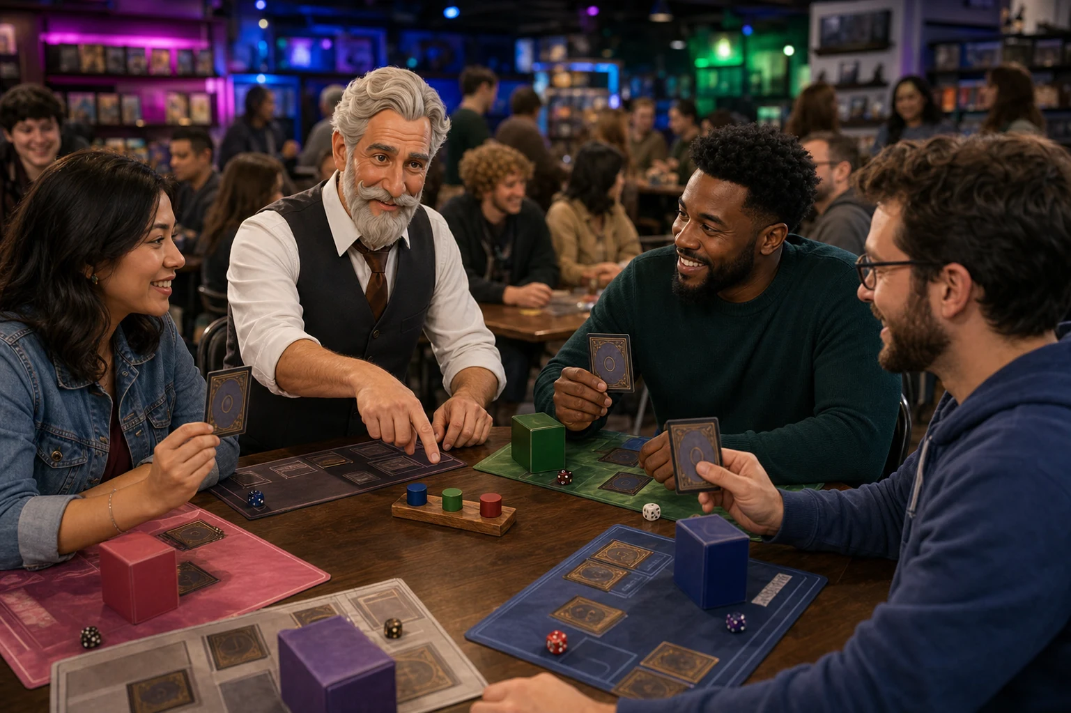 Robert, The Keeper — leading a relaxed thirty-second expectations conversation at a lively Commander night