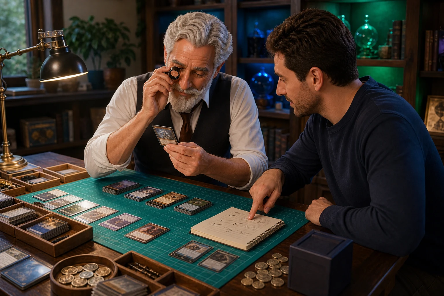 Robert, The Keeper — inspecting one targeted card while the learner uses real game notes to set a restrained budget