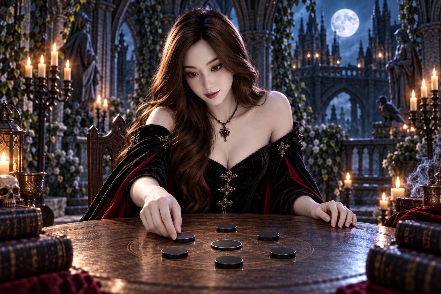 Pale gothic Yumi arranges six dark markers around a separate source marker at a round table.