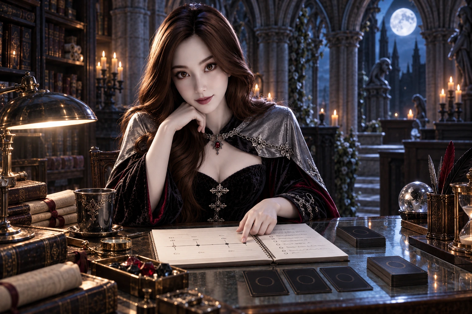 Yumi points to an illustrative timing notebook beside face-down card stacks in a gothic archive.