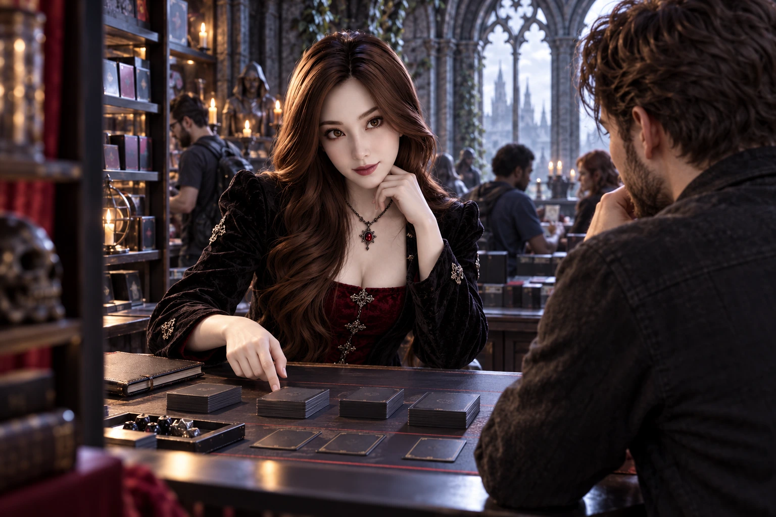 Yumi discusses separated face-down card piles with an adult collector at a shop counter.