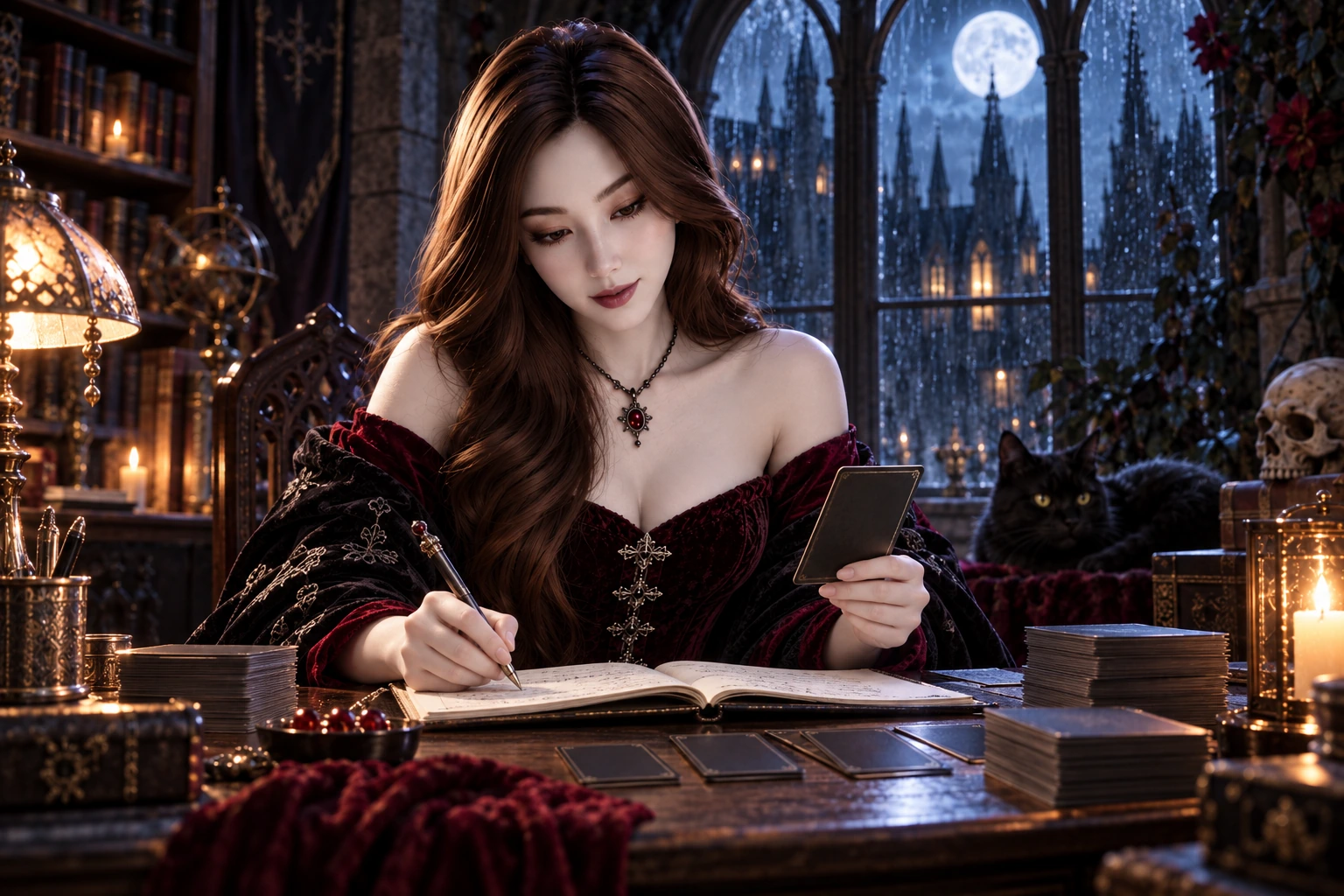 Yumi records notes while holding an unmarked card at a rain-lit gothic writing desk.