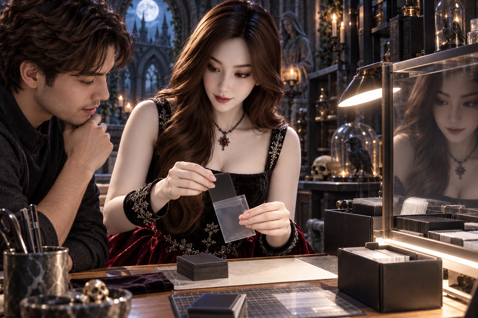 Yumi slides an unmarked card into clear protection while an adult learner watches at a workshop bench.