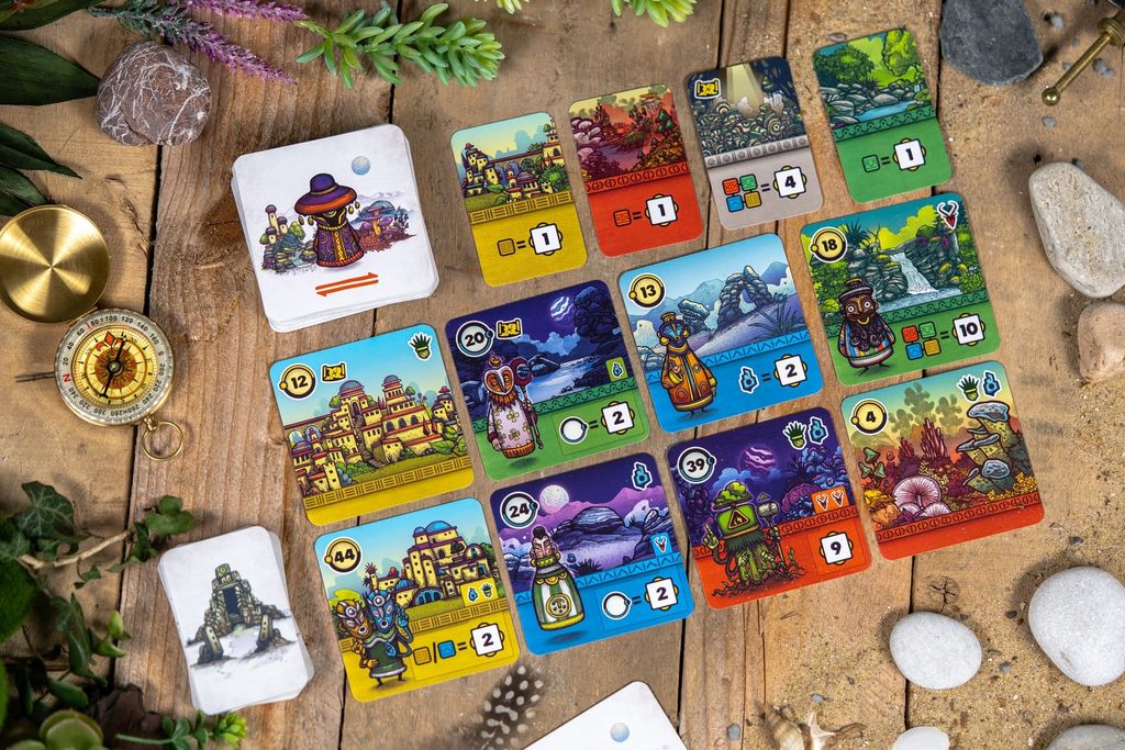 Faraway — a finished player tableau of eight region cards, the quick tactical card game from Catch Up Games.