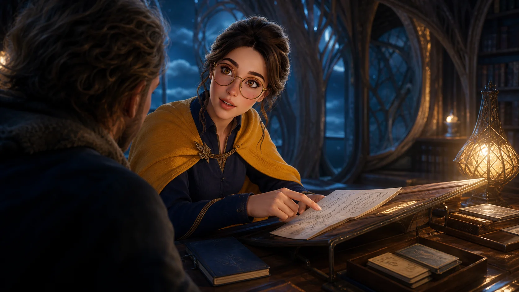 Margo raises one eyebrow and gently points out a note to an adult learner in a moonlit fantasy archive