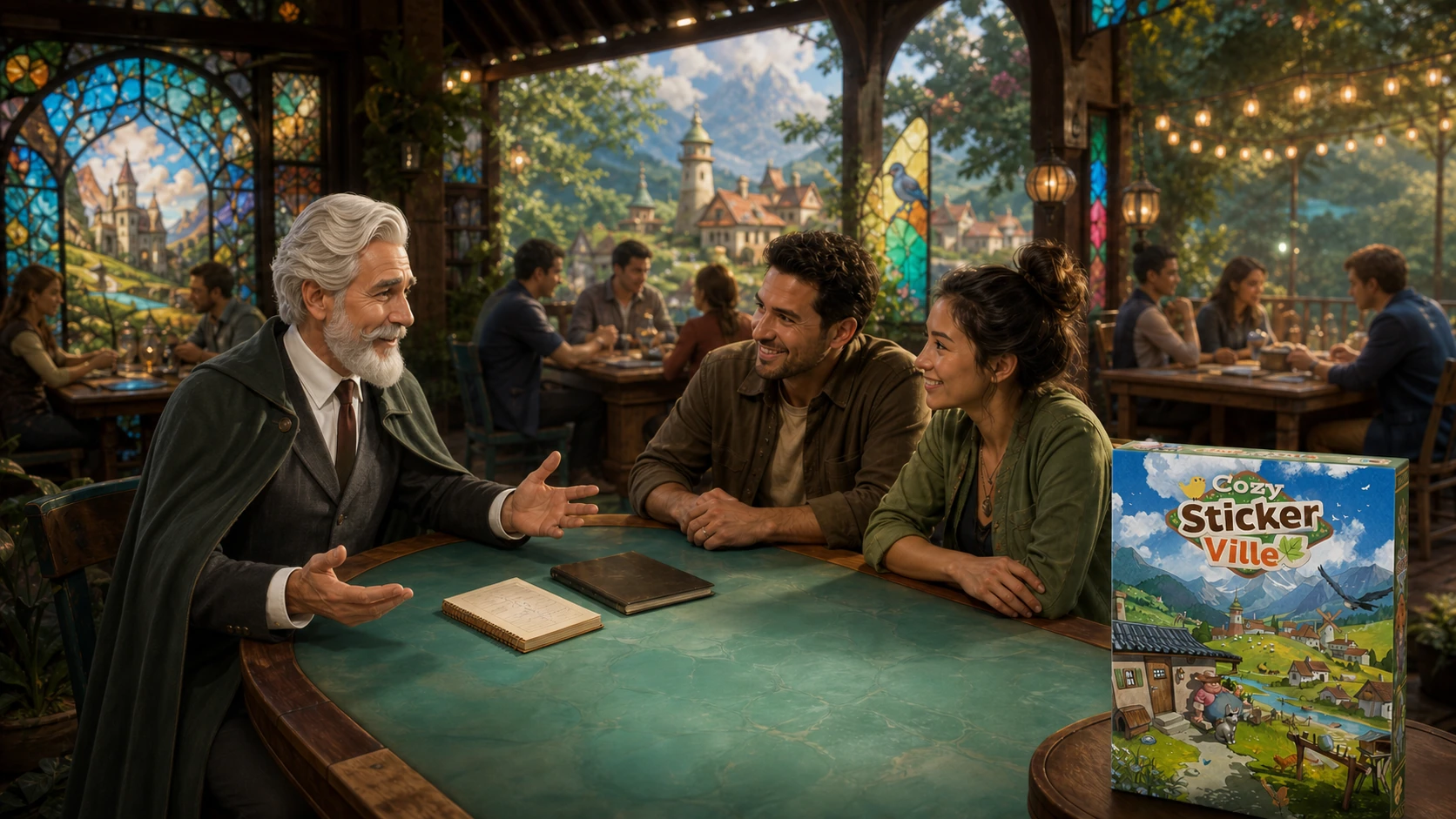 Robert welcomes two adult beginners at a garden pavilion table beside the Cozy Stickerville box