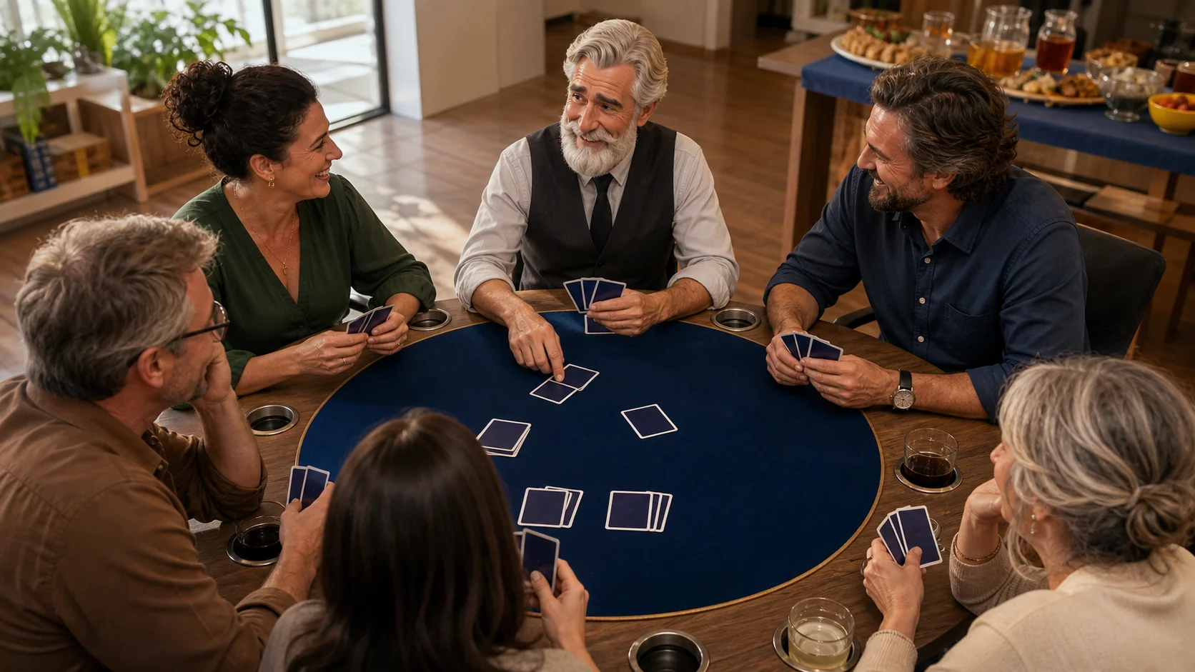 Robert laughs with adult friends around a round table, with generic face-down cards and drinks held away from the play surface