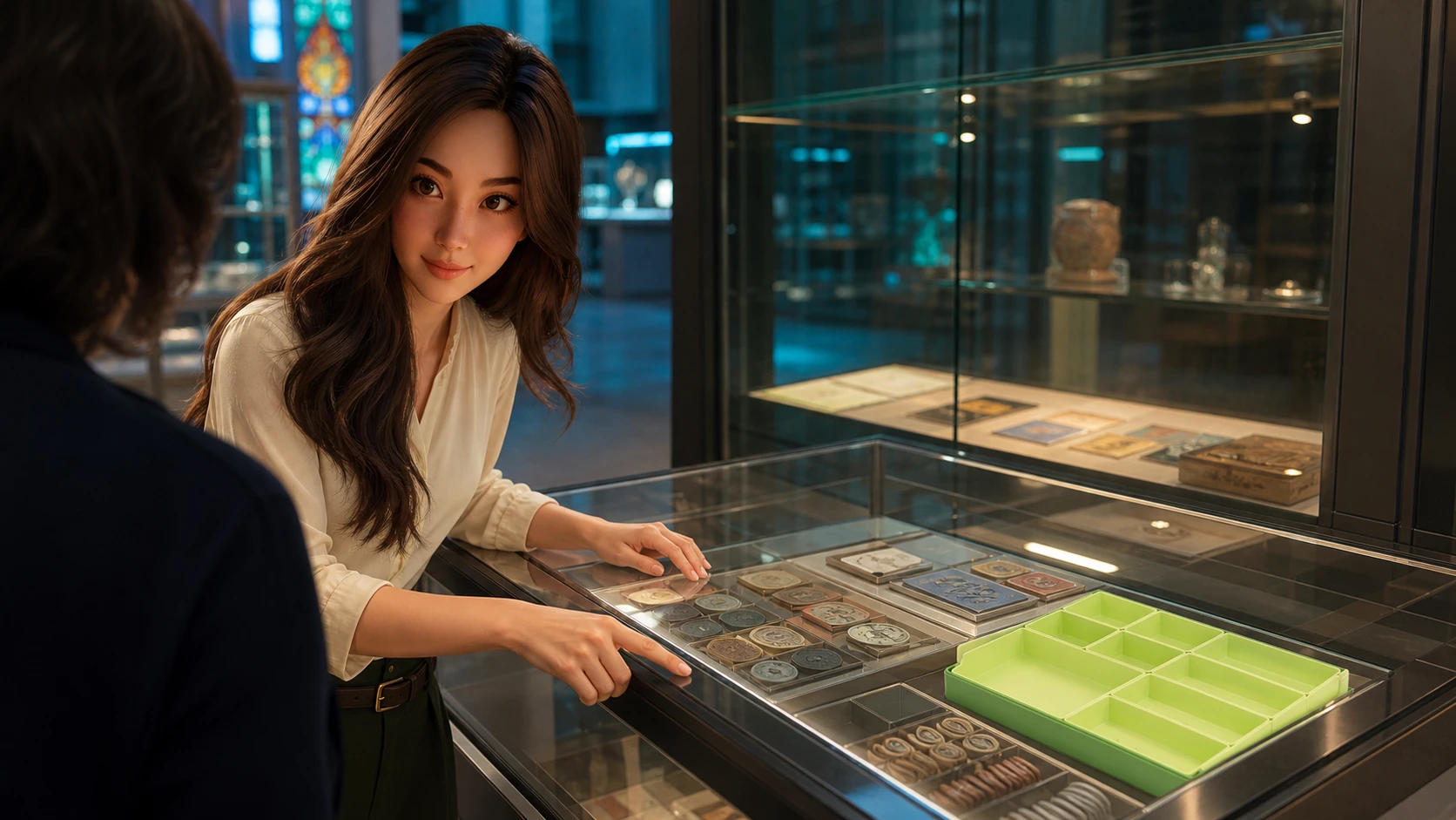 Yumi considers the lime Gamegenic Token Silo in a museum-style display, with its removable trays visible