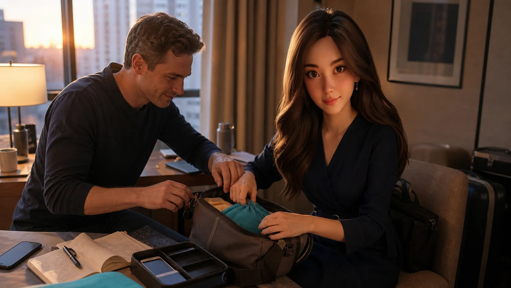 Yumi and an adult travel companion pack a cloth bag together at a hotel writing desk