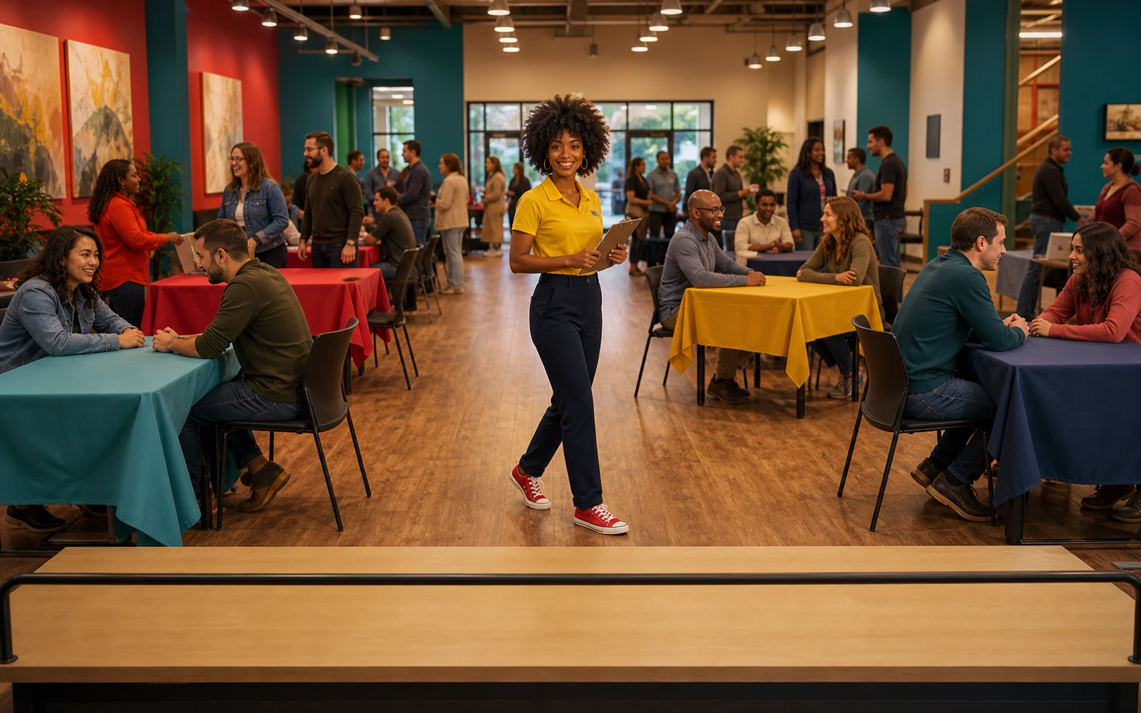 Imani walks through a busy adult board-game demo hall with buy, try, and wait routes