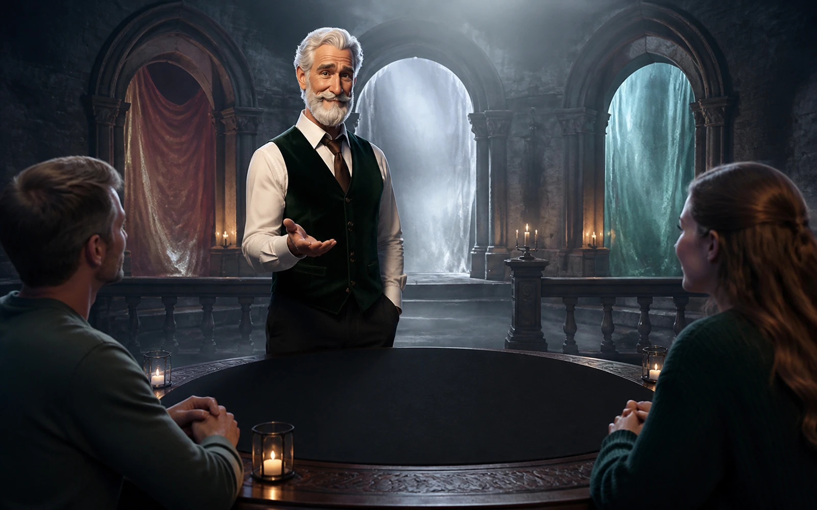 Robert introduces Avalon faction choices at a dramatic round table without depicting an invented game state