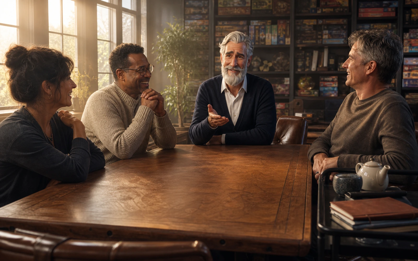 Robert hosts four adult players around a clear table while checking the first-night teaching plan