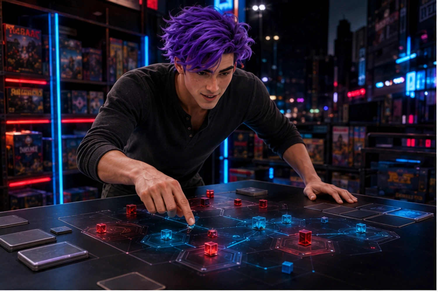 Dax points through a neon network during a tense cooperative turn.