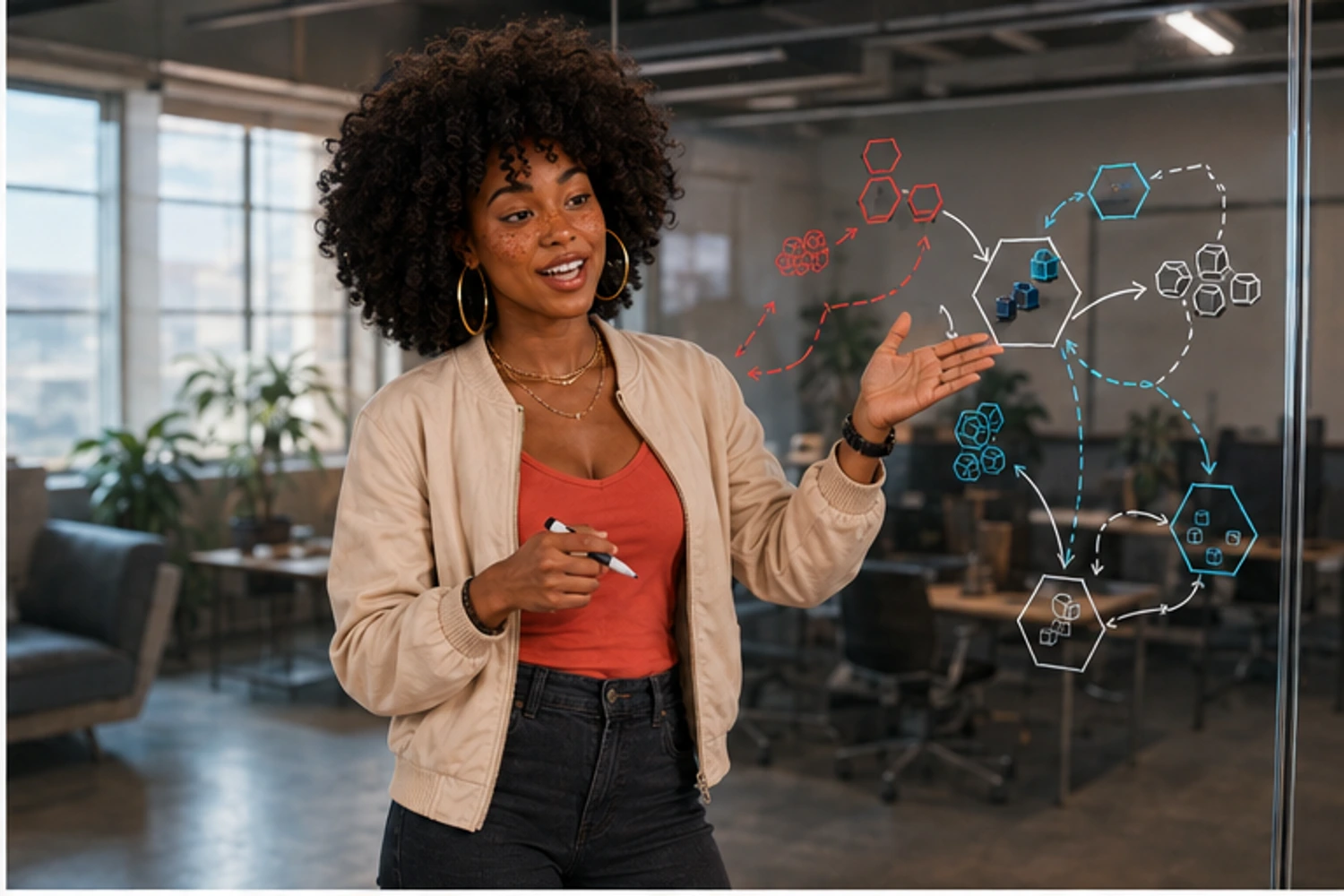 Imani draws a shared three-turn route on a glass planning wall.