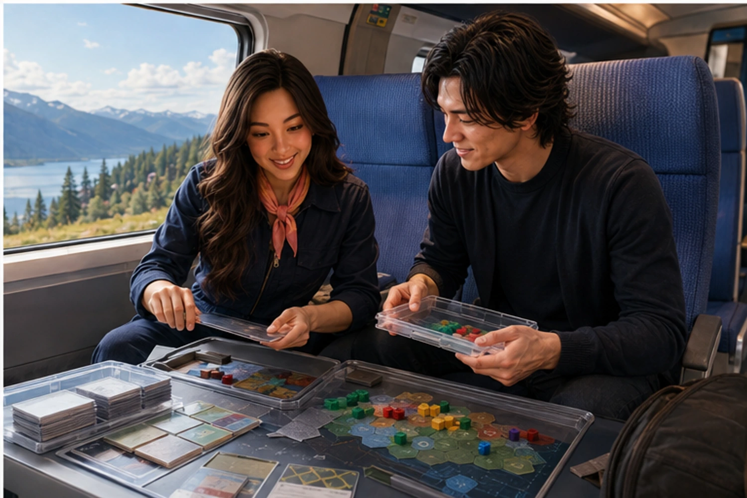 Yumi and a friend unpack a board game on a daylight train table.