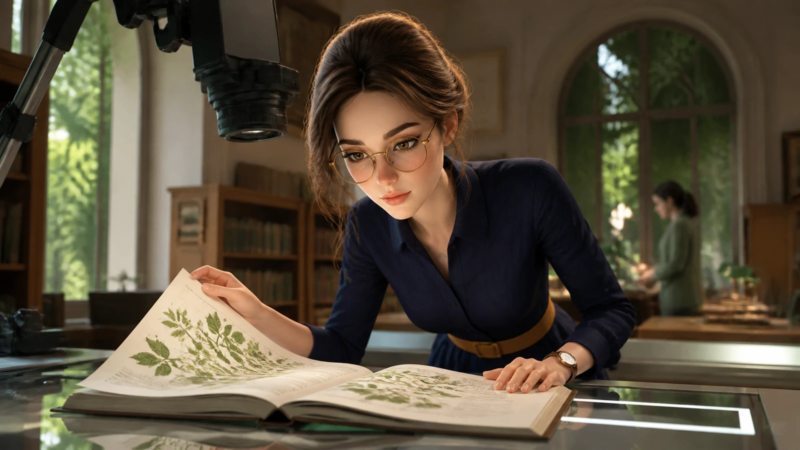 Margo studies a botanical reference beneath an archive camera, brows focused.