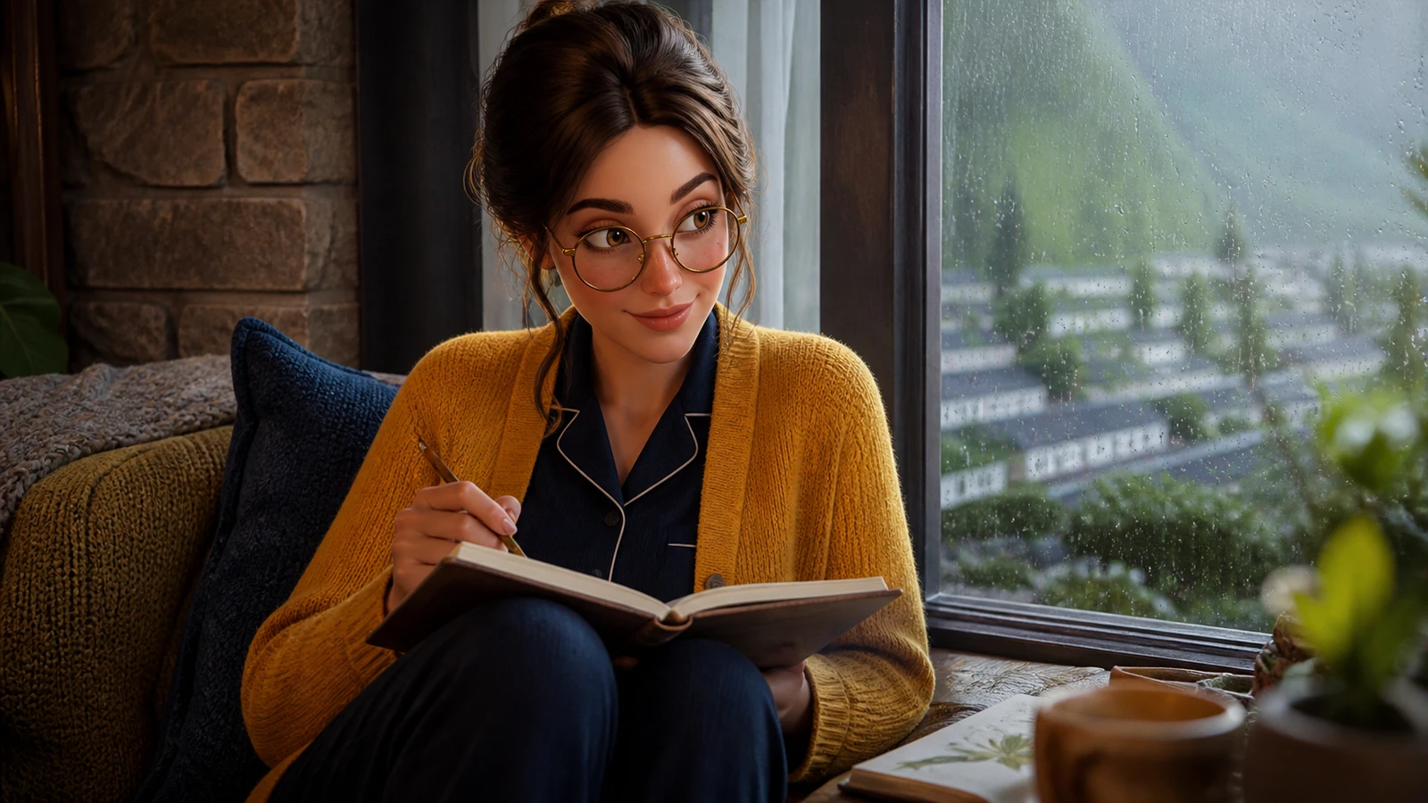 Margo writes in a notebook by a rainy window with an amused half-smile.