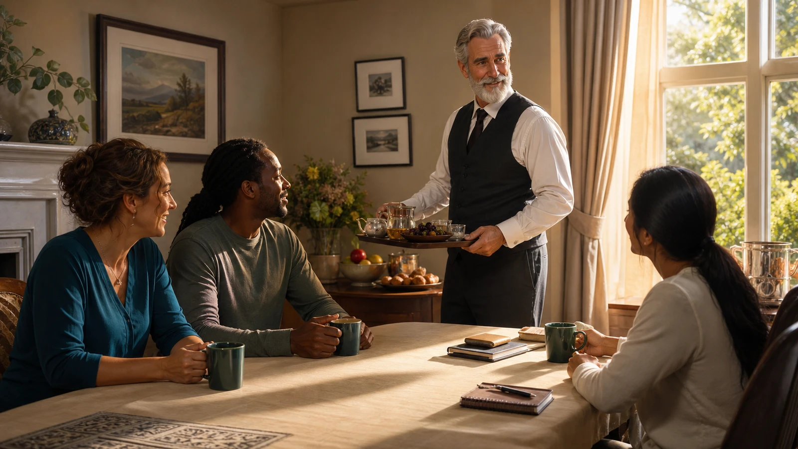 Robert carries tea and snacks away from a family dining table.