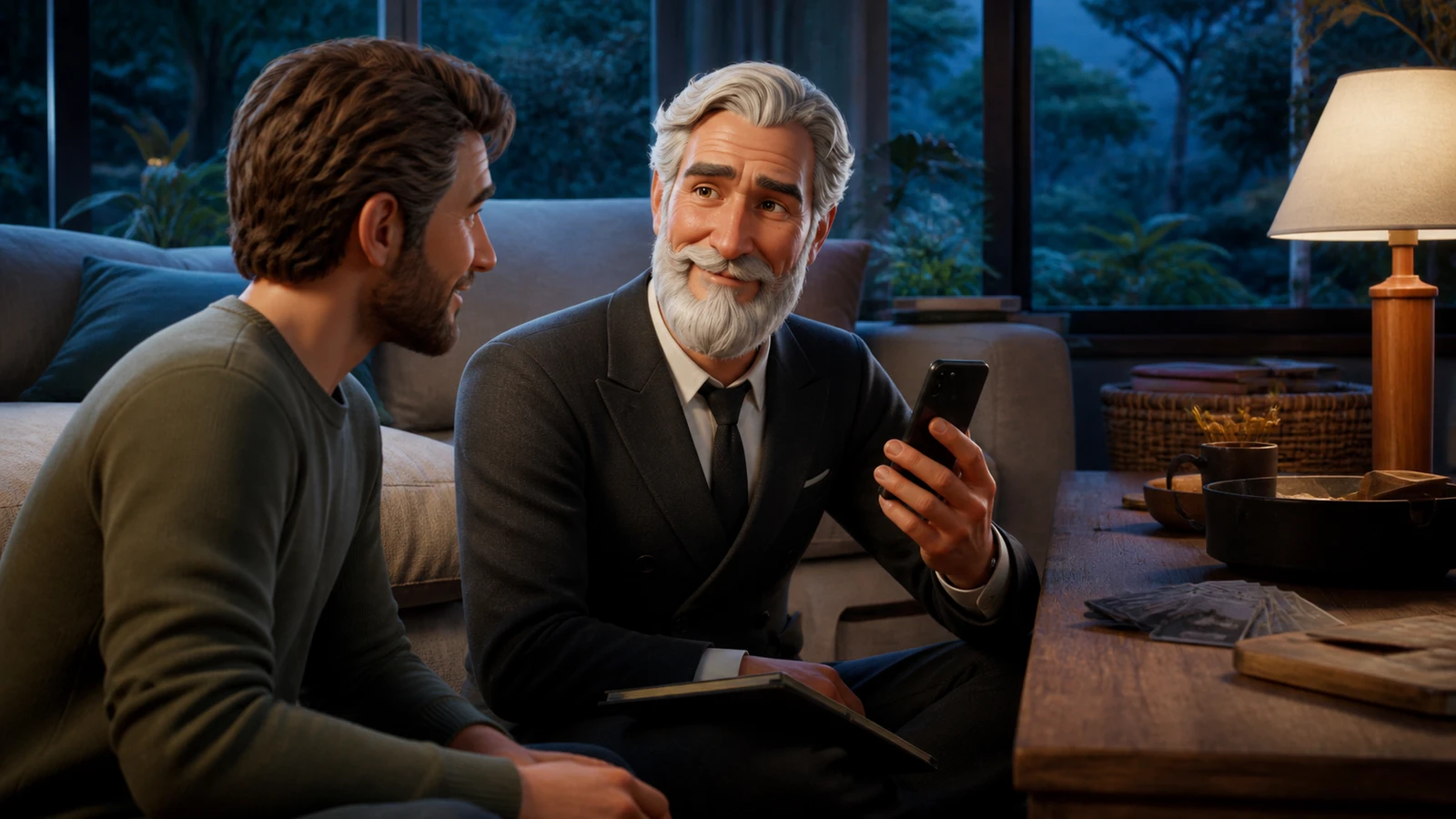 Robert shares a phone with an adult friend in a blue-hour sunroom.