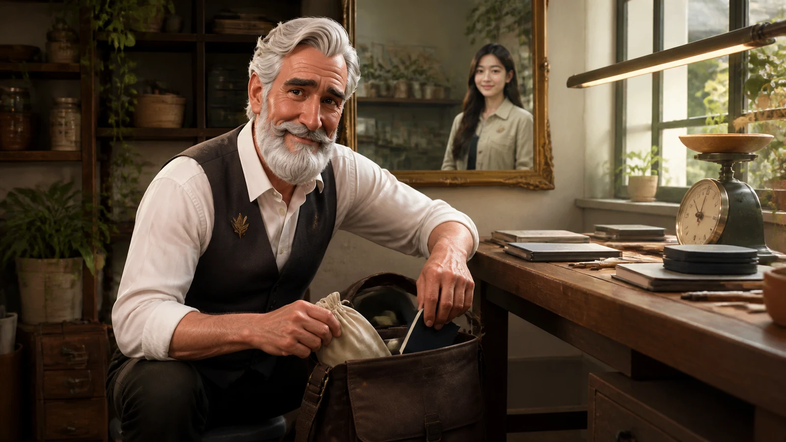 Robert packs a cloth pouch and notebook into one messenger bag.