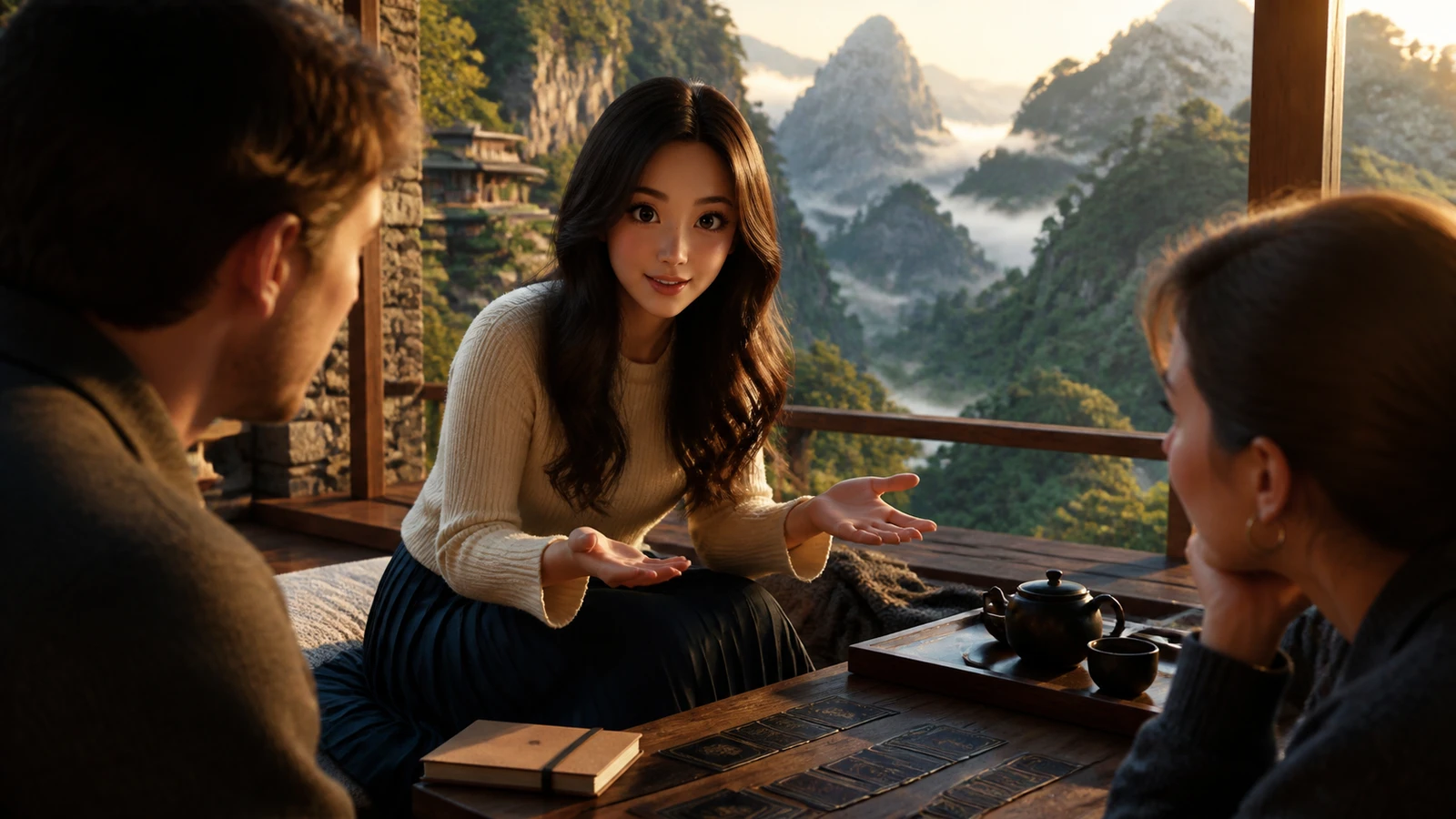 Yumi discusses a first turn with two adults on a mountain-lodge terrace.