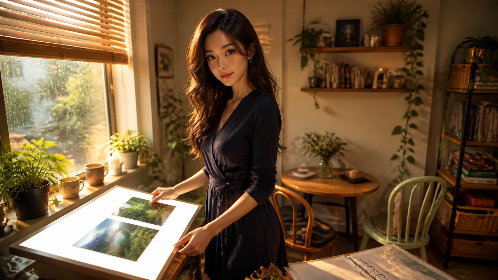 Yumi compares two landscape photographs at an apartment light table.