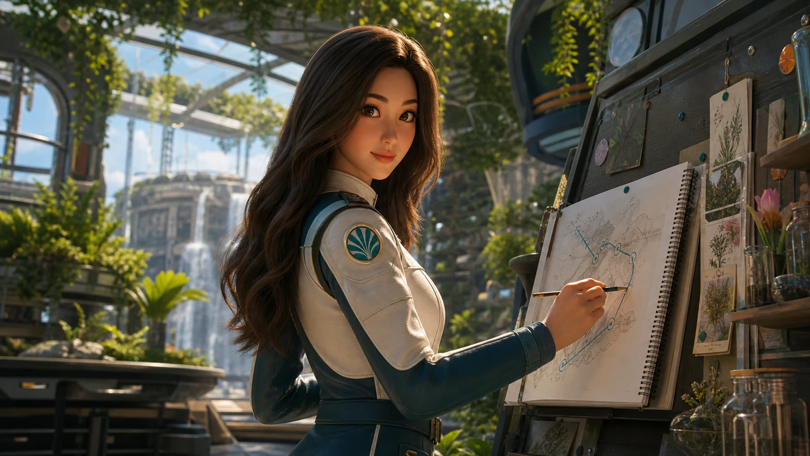 Yumi draws an expedition route in a future botanical conservatory.