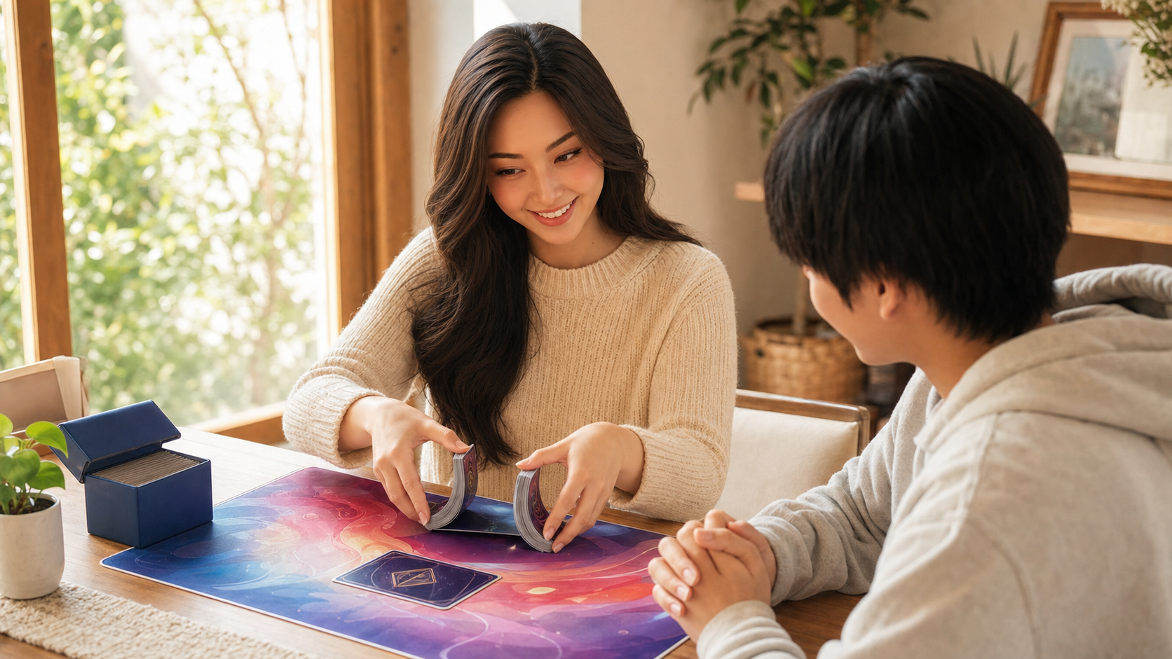 Yumi, The Hostess — testing a ten-card sleeve sample with a family teaching deck