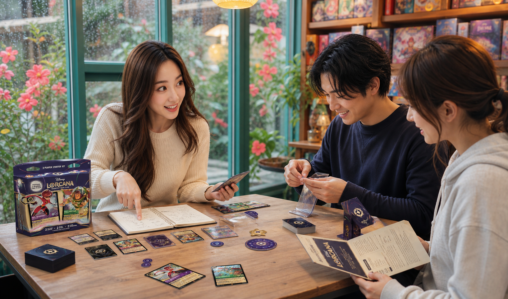 Yumi, The Hostess — helping two new players sleeve, read, and record their first useful observations