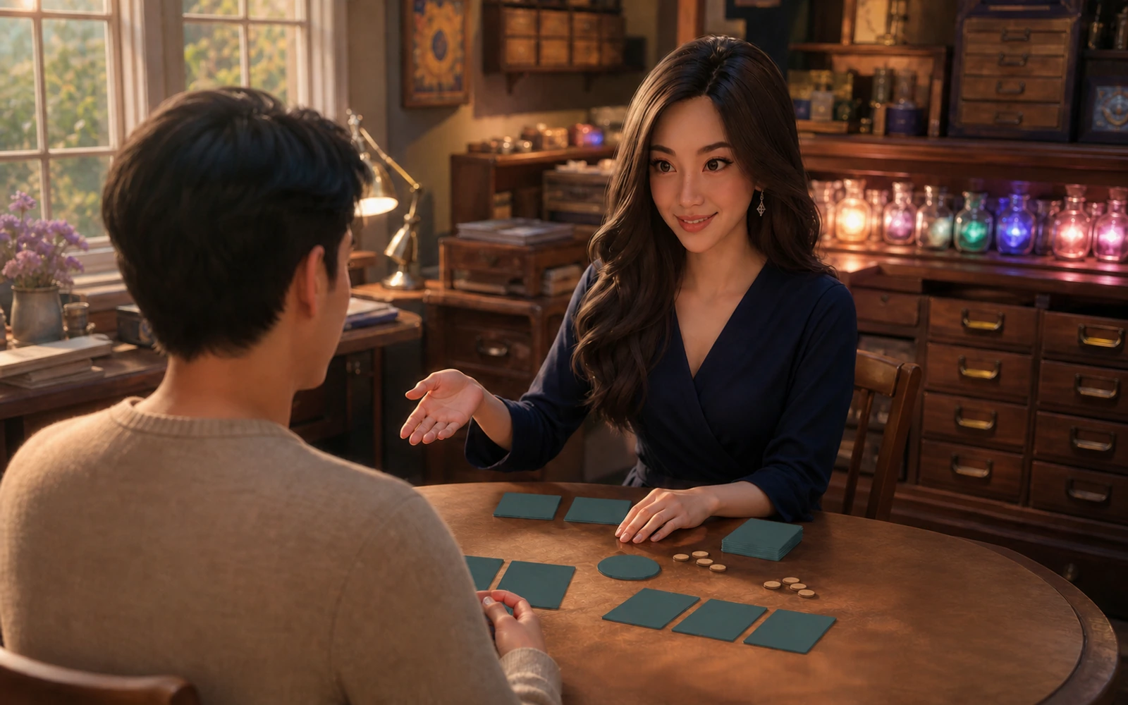 Yumi, The Hostess — adult learn-to-play guidance at a real table