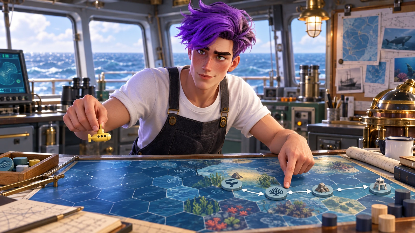 Dax holds a submarine over a tempting dead end aboard a research vessel.