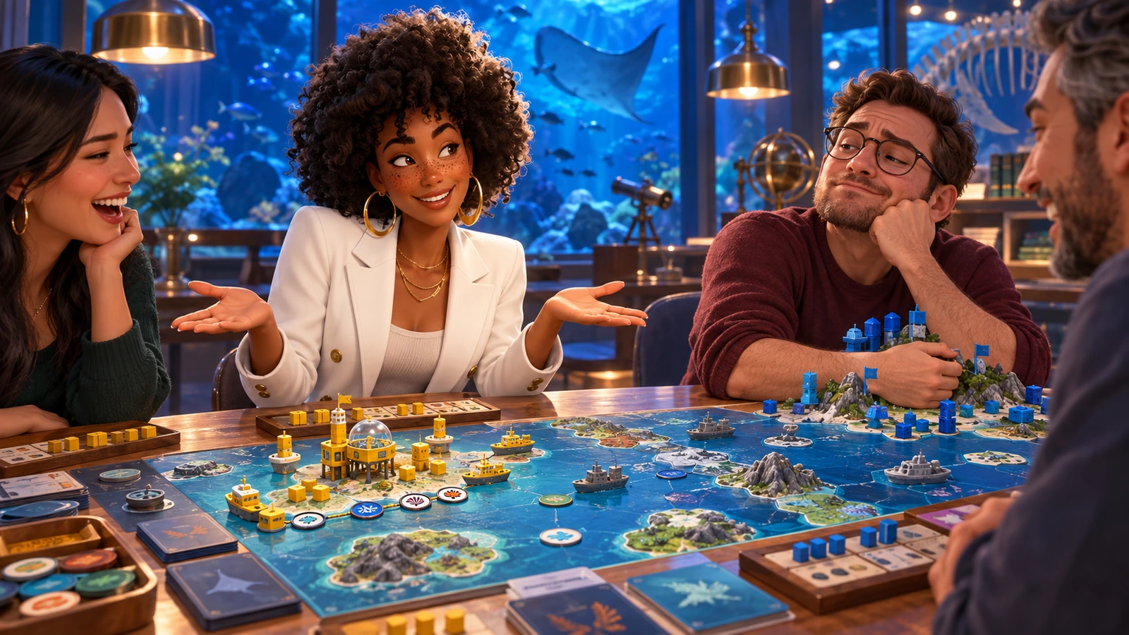 Imani laughs with adult players over one proudly defended but strategically empty coastline.