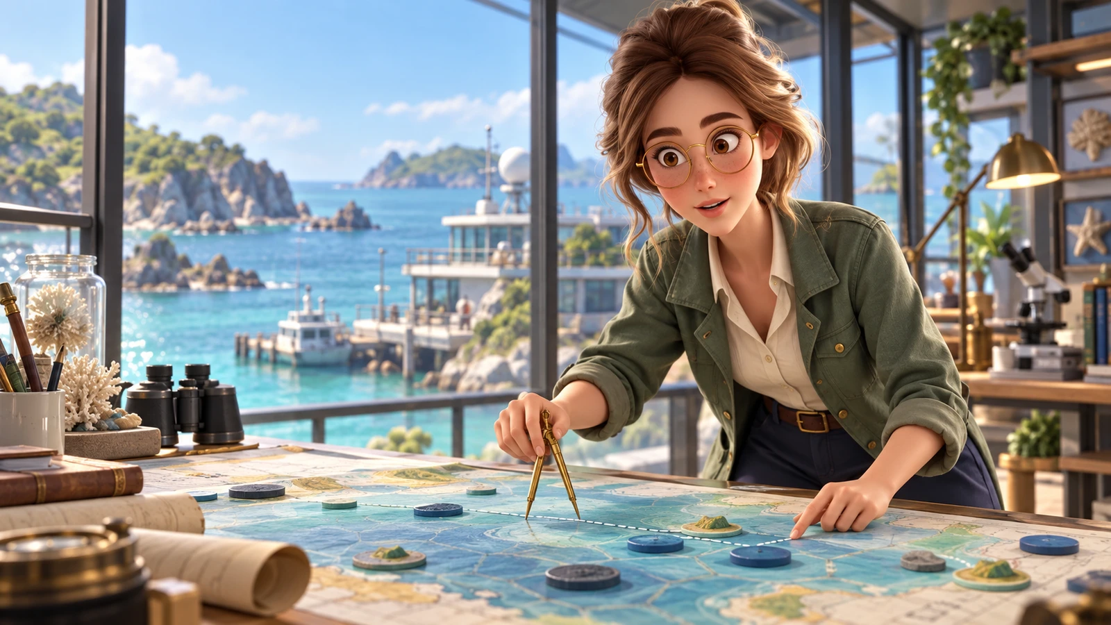 Margo surveys the Endeavor Deep Sea map from a coastal research station.
