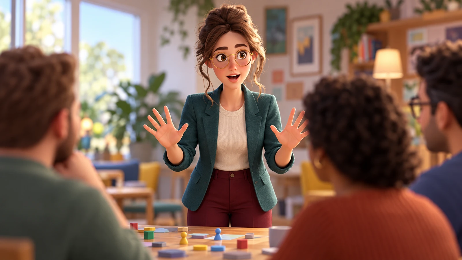 Margo and two adults assign cooperative goals around a kitchen table.
